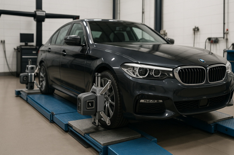 Темный BMW с измерительными датчиками развал-схождения